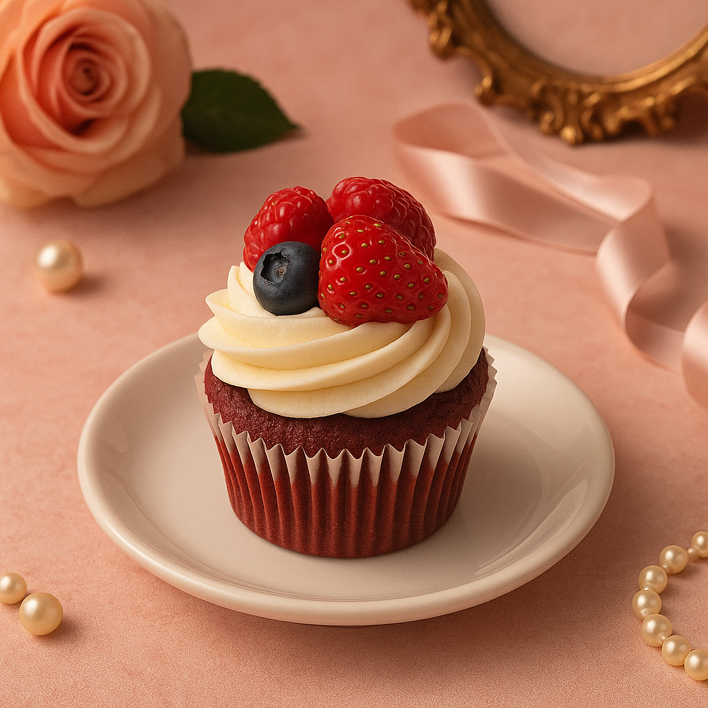 Cupcake Red Velvet cu fructe și cream cheese 
