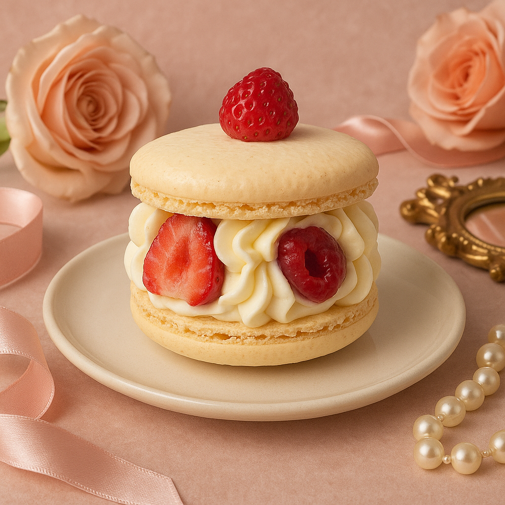 Macaron monoportie vanilie inserție cireșe căpșuni 